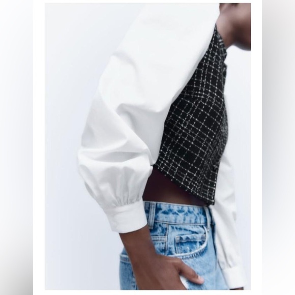 ZARA Black & White Plaid Cropped Vest with White Puff Sleeves - Picture 4 of 11